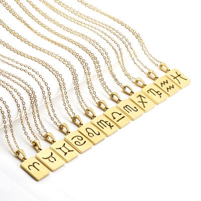 China Amazon CLASSIC hot sale fashionable gold plated stainless steel square tarot card Hollow-carved 12 zodiac necklace for girl for sale