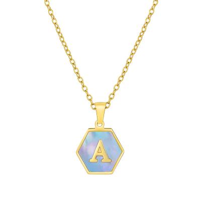 China BOHEMIA Wholesale Bohemia Stainless Steel Gold Jewelry Necklaces Sky Blue Color Hexagon Pattern Initial Pendant Choker For Girls Ladies for sale