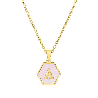 China Wholesale Cute Hexagonal Necklace Women's Cute Natural Shell Letter Stainless Steel Fashion Titanium Steel Initial Pendant Jewelry for sale