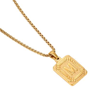 China Hip Hop HIP HOP Metal Square Shield Initial Letter Necklace Stainless Steel Gold Plated Bead Chain Pendant High Quality for sale