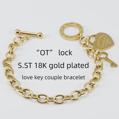 China Factory High Quality Individual Couples Chain FASHIONABLE With “OT” Lock Stainless Steel Gold Plated Heart&Key Bracelets Pendant Bangle for sale