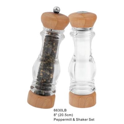 China Kitchenware Light Dark Brown Black Beech Wood Top and Body Pepper Mill Grinder and Set or Bottom Acrylic Salt Shaker Salt Mill Set for sale