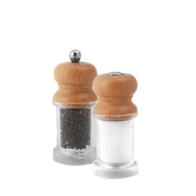 China Kitchenware Best Selling Peppermill Acrylic Salt & Grinder Set Beech Brown Body 11.5cm Natural Top 14cm Tall Wooden for sale