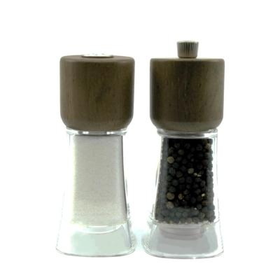 China High Quality 13cm Tall Rubber Wood Top Peppermill Acrylic Body Kitchen Dishware and Salt Shaker Set for sale