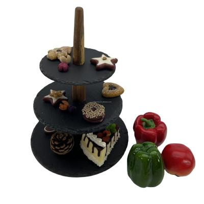 China Sustainable Hot Selling Natural 3 Layer Slate Cake Stand Wedding Slate Tower Cheese Board with Wooden Stand for sale