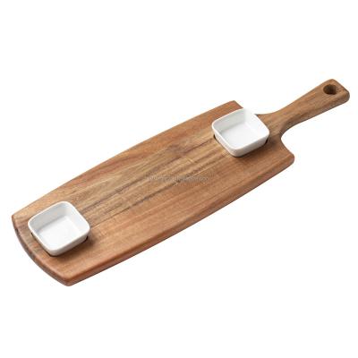 China Acacia Wooden Kitchen Cutting Board Cheese Serving Tray Wooden Charcuterie Board Chopper With Ceramic Bowls for sale