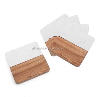 China Sustainable Eco Friendly Acacia Wood And White Marble Tea Coffee Mug Coasters For Drink Set Of 4 for sale