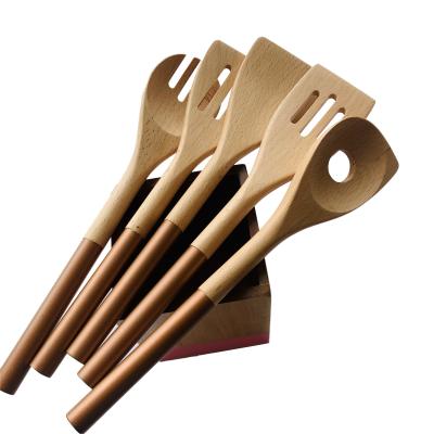 China Sustainable OEM Manufacturer Household Kitchen Tools 5 Piece Beech Wood Handle Cooking Kitchen Utensils Set for sale