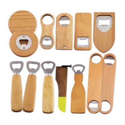 China Viable Manufacturers Custom Cheap Custom Wooden Magnetic Stainless Steel Logo Handle Beer Bottle Opener for sale