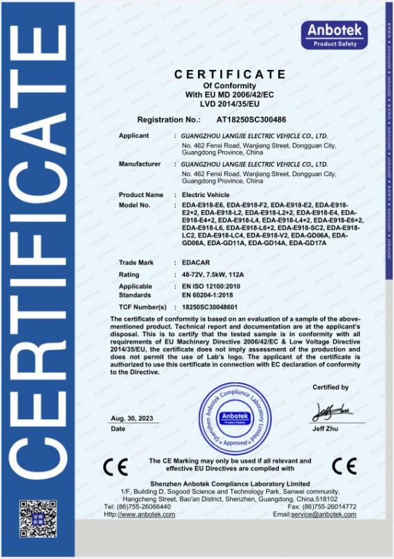 CE certifacate - Guangzhou Langjie Electric Vehicle Co., Ltd.