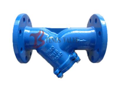 China GGG40 Ductile Iron DI Flanged Schirm-blaue Epoxidbeschichtung des Ymuster-Sieb-Pn16 SS304 zu verkaufen