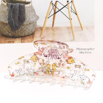 China Custom pattern printed clear transparent acrylic hair claw eco-friendly cut 12cm elephant hair slings haarspange jaw clips large ocean for sale