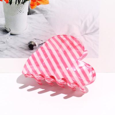 China New Eco-friendly Wholesale Korean Style Acetate Hot Pink Love Shark Hair Clip 7cm Medium Heart Shaped Stripe Claw Hair Clip Custom Made Women for sale