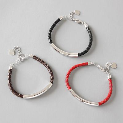 China Hyperbole Silver Tube And Rope Handmade Womens Leather Weave Bracelets for sale