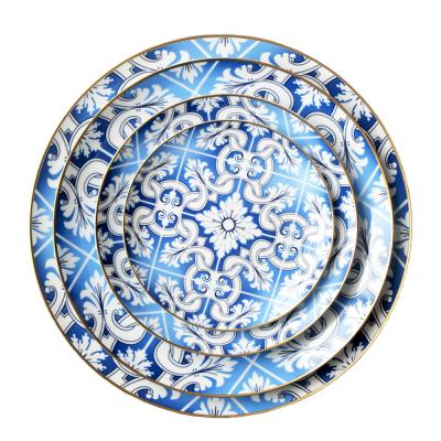 China Wholesale Solid Durable High End Plastic Charger Dinner Wedding Wedding Hotel Hard Blue And White Dish for sale