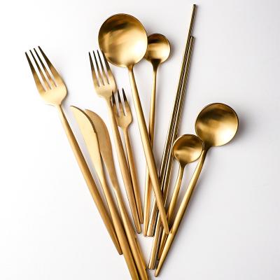 China Sustainable high quality durable using various popular gold knife spoon fork set luxury stainless cutlery for sale