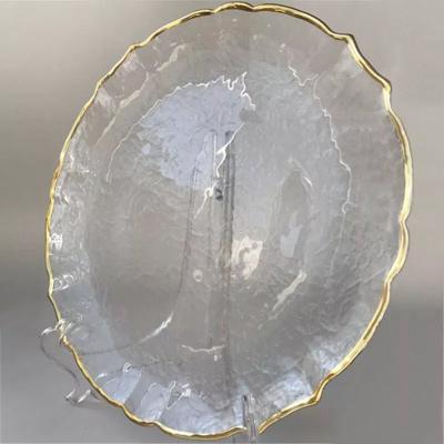 China Gold Edge Hard Rental Glass Wave Grain Round Dining Plate for Hotel Banquet and Wedding Company for sale