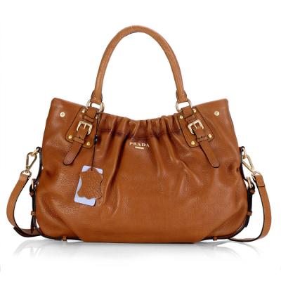 China Shine Brass Genuine Calfskin Light Brown Prada Leather Shoulder Bag Handle Tote with Strap for sale