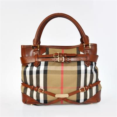 China Lady's Polished Brass Canvas Burberry Replica Handbags Medium Tote with Brown Leather Trim for sale