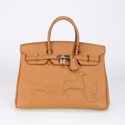 China Light Brown Hermes Birkin Imitation Horse Embossed Bags with Golden Hardware and Padlock for sale