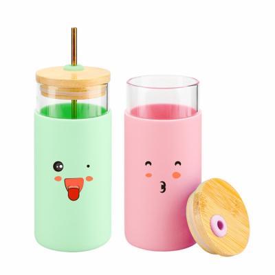 China Sustainable Glass Tumbler With Straw Glass Water Bottle With Silicone Protective Sleeve Bamboo Lid for sale