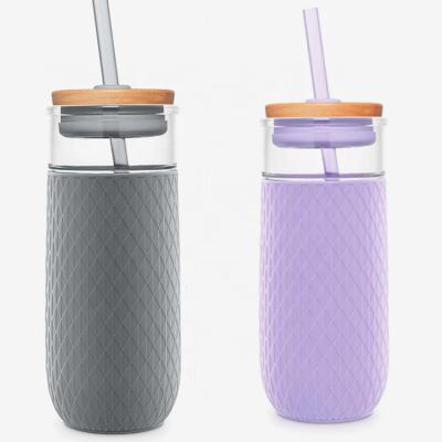 China Viable silicone glass-to-glass tumbler with silicone sleeve glass straw cup with bamboo lid pipe milk glass cup for sale