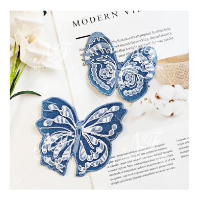 China 2020 Fashion Denim Lattice Butterfly Embroidery Azo Free Blue Patches for sale