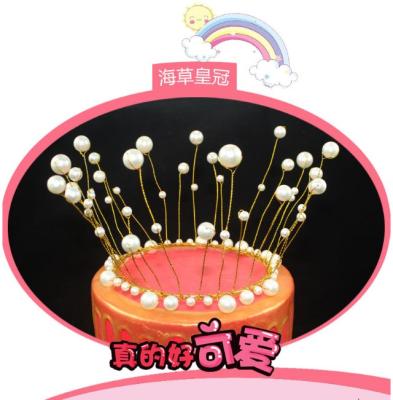 China Metal Pearl Crown Cake Decorating Seaweed Crown Tassel Crown Baking Decoration for sale