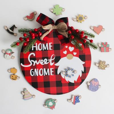 China ALL 2021 Around Season Interchangeable Hanging Front Door Welcome Sign 30*30cm Gnome Home Soft Wooden Signs Door Decoration Outdoor for sale