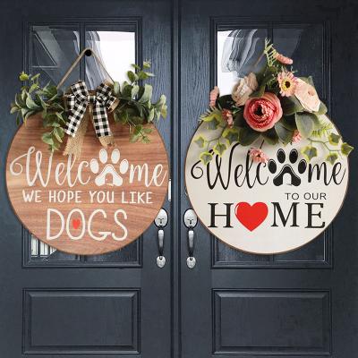 China ALL 2021 30*30CM Braid Round Welcome Sign Hanger For Front Door With Bows Farmhouse Vertical Hanging Decoration For Home Outdoor for sale