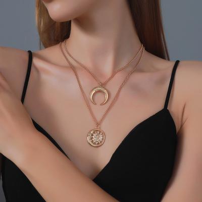 China Other Fashion Wholesale Personality Simple Sun Moon Necklace Ladies Double Layer Chain Necklace for sale