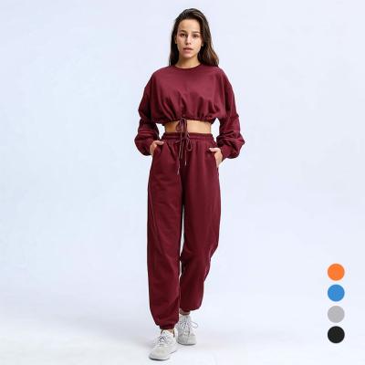 China Women Casual Breathable Logo Knit Workout Two Piece Custom Set Women Joggers Clothing Crop Girl Hoodie Top Set for sale