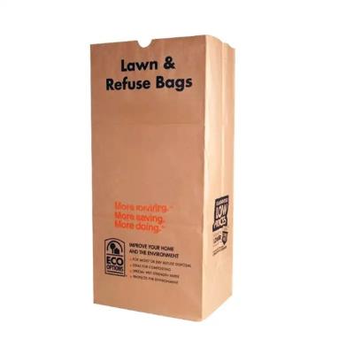 China Recyclable Customized Biodegradable Square Bottom Brown Leaf Lawn and Grass Garbage Trash Garden Paper Bag With Printed for sale