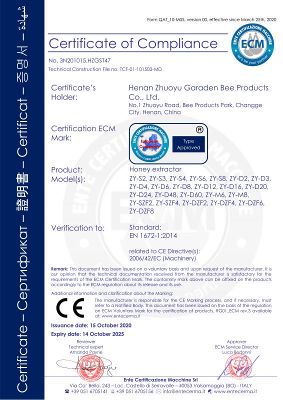 CE - Henan Zhuoyu Garaden Bee Products Co., Ltd.