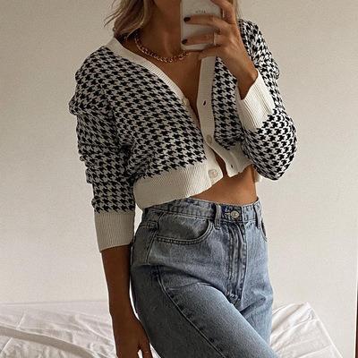 China Dipeng Autumn Anti-wrinkle Women's Coats and Jackets Women's V-Neck Plaid Shirt Cardigan Sweater Slim Knitted Top Casual Crop Women's Jackets for sale