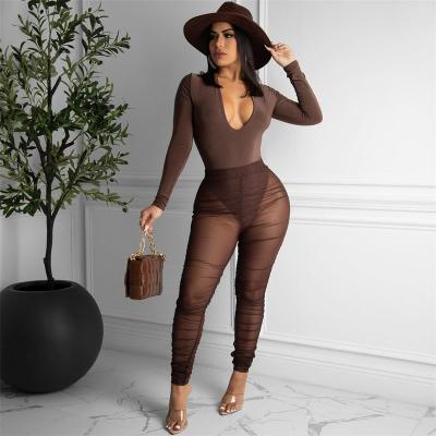 China X02415L new arrival fashion mesh sexy milk silk women long sleeve street wear two piece bodycon outfits for sale