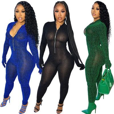 China Autumn hot style women's boutique anti-pilling women's pure color Mesh Long Sleeve Jumpsuit Women's overalls long for sale