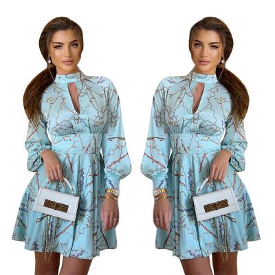 China 2021 women's overalls printed sexy elegant anti-static pleated long-sleeved skirt party dress autumn and winter wrap dress for sale