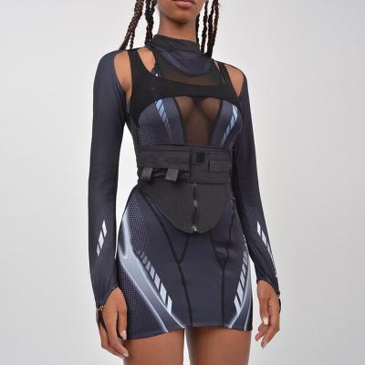 China Breathable Fashionable Design Two Piece Set Casual Sports Style Mesh Splicing Sexy Tight Short Dress for sale