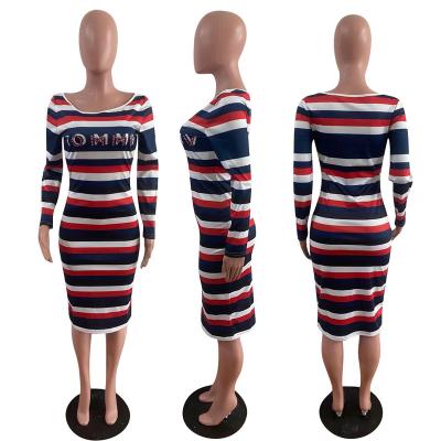 China Dry Cleaning Women Plus Size Women Clothing Casual Striped Long Sleeve Fashion Dress T-shirt Printed Dress for sale