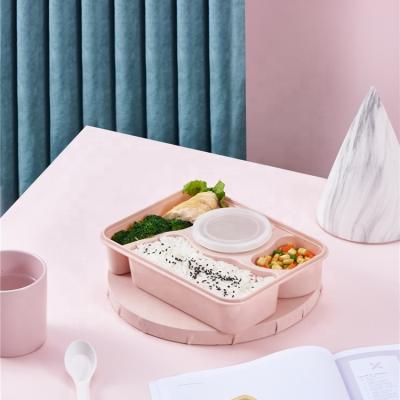 China 4 Compartments Viable High Quality Durable Leakproof Set of Wheat and Straw Bento Lunch Box Heated Lunch Box Cutlery Set for sale