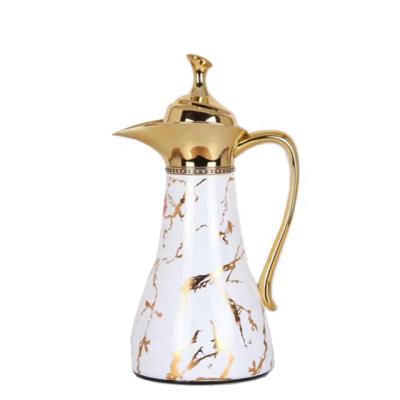 China Business Customized Logo Hydrographics Water Transfer Arabic Gold Brass Coffee Pot And Rose Glass Inner Vacuum Flask for sale