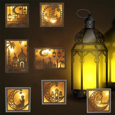 China Christmas Eid Mubarak Ramadan Festival Gurbon Festival Square Islamic Wooden Hot Selling Rectangular With LED Light Decoration Crafts for sale