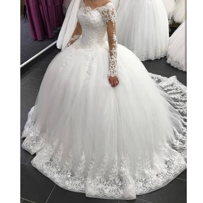 China Best Selling Tulle Bridal Wedding Dress Sequin Lace Applique Long Sleeve Breathable Warm Beaded Prom Dress 2022 for sale