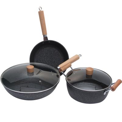 China Maifan Gift Pot Cookware Three-Piece Stone Coating Non-Stick Handle Viable Wooden Wok Pan Cookware Set for sale