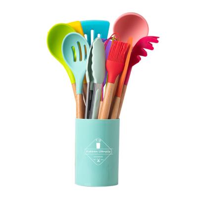 China Sustainable Wooden Handle Silicone Kitchen Utensils 11 Pieces Set Non Stick Pan Cooking Spatula Kitchen Tools for sale