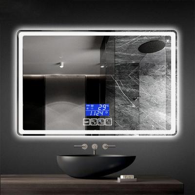 China Time Display Mirror Bright Rectangular Style Modern Bathroom Led Defog Smart Mirror for sale