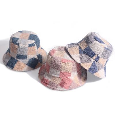 China Autumn Soft Comfortable Winter Keep Warm Faux Fur Jacquard With Plaid Full Color Bucket Hat Beanie Hat for sale