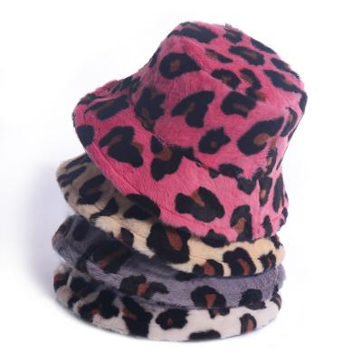 China Leopard Print Plush Winter Hat Beanie Hat Faux Fur Warm Bucket Hat Wholesale Soft/Comfortable Ladies for sale