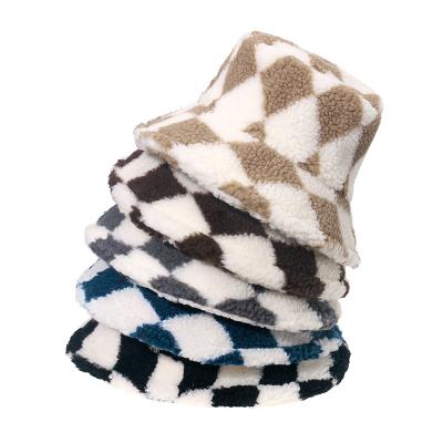 China Autumn Soft Cozy Winter Keep Warm Faux Fur Jacquard With Plaid Color Sherpa Full Bucket Hat Beanie Hat for sale